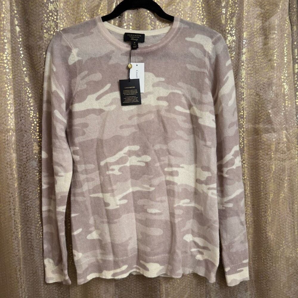 Charter Club 100% Cashmere Light Camo Print Taupe Crewneck Sweater Med NWT‎